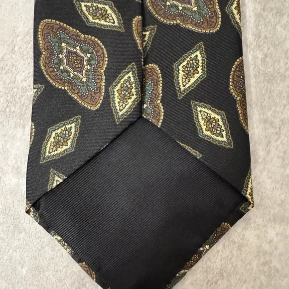 Vintage Oscar de la Renta Couture Silk Tie Black Gold  Brown Medallion EUC - Picture 3 of 4